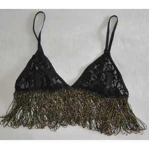 Black and Gold Lace Fringe Bralette